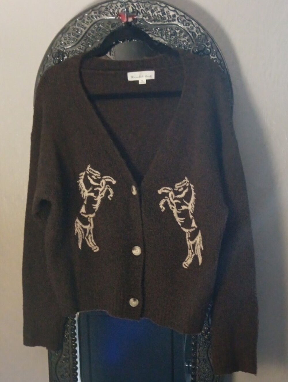 🐎 Chocolate Brown Horse Embroidered V-Neck Cardigan Sweater, Sz. XL